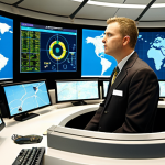 **

**Prompt:**  Modern air traffic controller in a control tower, working with advanced computer systems and displays showing flight paths and environmental data (fuel efficiency, emissions).  Emphasis on technology and environmental awareness.  Daytime, bright, professional setting.  Consider adding a subtle globe or map graphic in the background.

**