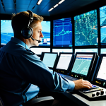 A highly focused professional male air traffic controller, mid-thirties, wearing a crisp, modest, professional uniform with a headset. He is seated at a modern console in a dimly lit, high-tech air traffic control center, surrounded by large, glowing radar screens displaying complex flight patterns. The atmosphere conveys intense concentration and calm precision. Perfect anatomy, correct proportions, natural pose, well-formed hands, proper finger count, natural body proportions, professional photography, high quality, fully clothed, modest clothing, appropriate attire, professional dress, safe for work, appropriate content, professional, family-friendly.