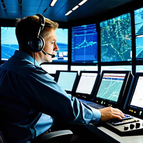 A highly focused professional male air traffic controller, mid-thirties, wearing a crisp, modest, professional uniform with a headset. He is seated at a modern console in a dimly lit, high-tech air traffic control center, surrounded by large, glowing radar screens displaying complex flight patterns. The atmosphere conveys intense concentration and calm precision. Perfect anatomy, correct proportions, natural pose, well-formed hands, proper finger count, natural body proportions, professional photography, high quality, fully clothed, modest clothing, appropriate attire, professional dress, safe for work, appropriate content, professional, family-friendly.