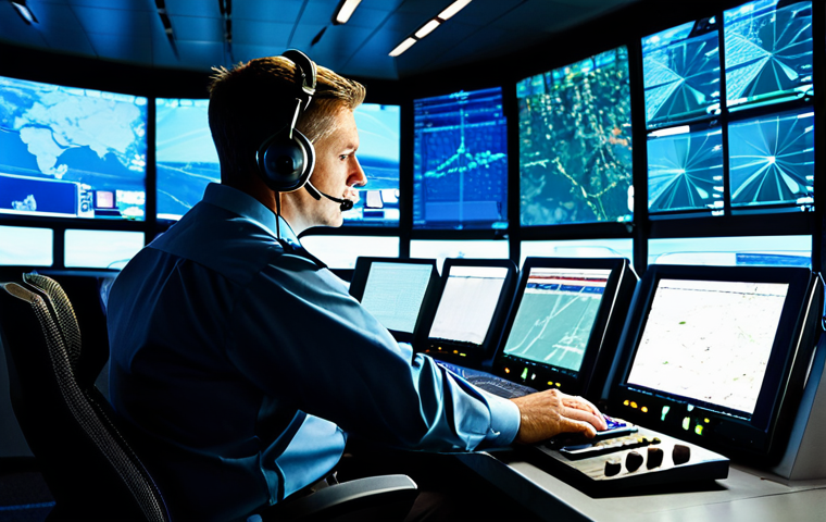 A highly focused professional male air traffic controller, mid-thirties, wearing a crisp, modest, professional uniform with a headset. He is seated at a modern console in a dimly lit, high-tech air traffic control center, surrounded by large, glowing radar screens displaying complex flight patterns. The atmosphere conveys intense concentration and calm precision. Perfect anatomy, correct proportions, natural pose, well-formed hands, proper finger count, natural body proportions, professional photography, high quality, fully clothed, modest clothing, appropriate attire, professional dress, safe for work, appropriate content, professional, family-friendly.