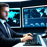 A focused professional aviation operations manager, male, in a modest dark business suit, sitting at a control console in a modern, high-tech aviation control center. Multiple large, glowing screens display real-time flight data, intricate weather patterns, and detailed air traffic routes. The manager's hands are resting on a keyboard, with a diligent and serious expression. The lighting is ambient from the screens, creating a futuristic yet functional atmosphere. The image should convey professionalism and high responsibility. Fully clothed, appropriate attire, modest clothing, safe for work, appropriate content, professional, perfect anatomy, correct proportions, natural pose, well-formed hands, proper finger count, natural body proportions, high-resolution professional photography, cinematic lighting.