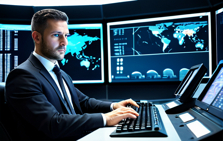 A focused professional aviation operations manager, male, in a modest dark business suit, sitting at a control console in a modern, high-tech aviation control center. Multiple large, glowing screens display real-time flight data, intricate weather patterns, and detailed air traffic routes. The manager's hands are resting on a keyboard, with a diligent and serious expression. The lighting is ambient from the screens, creating a futuristic yet functional atmosphere. The image should convey professionalism and high responsibility. Fully clothed, appropriate attire, modest clothing, safe for work, appropriate content, professional, perfect anatomy, correct proportions, natural pose, well-formed hands, proper finger count, natural body proportions, high-resolution professional photography, cinematic lighting.