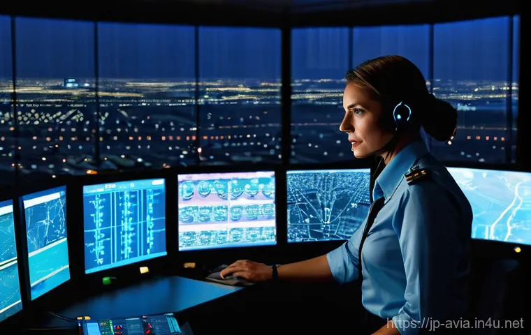 항공운항관리사 항공 사고 예방 - **Air Traffic Controller in a Control Tower at Night**
    A highly detailed, realistic image of a f...