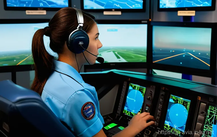 항공운항관리사 항공 사고 예방 - **High-Tech Air Traffic Control Center with AI Assistance**
    An immersive, futuristic image showc...