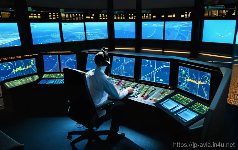 항공운항관리사 일상 - **Prompt:** A highly concentrated air traffic controller in a modern, subtly lit control tower. The ...