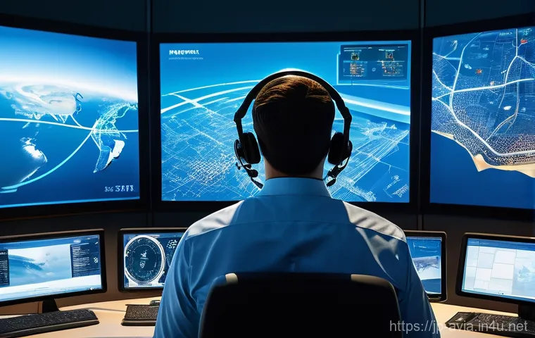 항공운항관리사 일상 - **Prompt:** A highly concentrated air traffic controller in a modern, subtly lit control tower. The ...