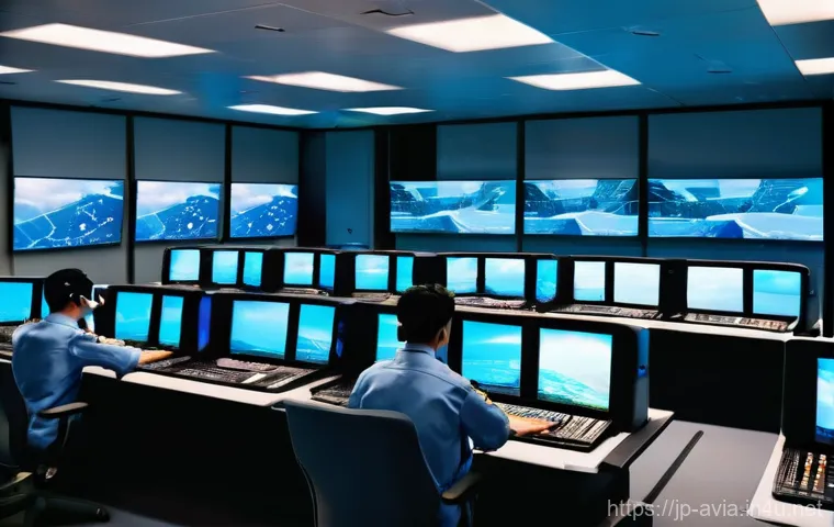 항공운항관리사 일상 - **Prompt:** A futuristic air traffic control center where human controllers seamlessly collaborate w...