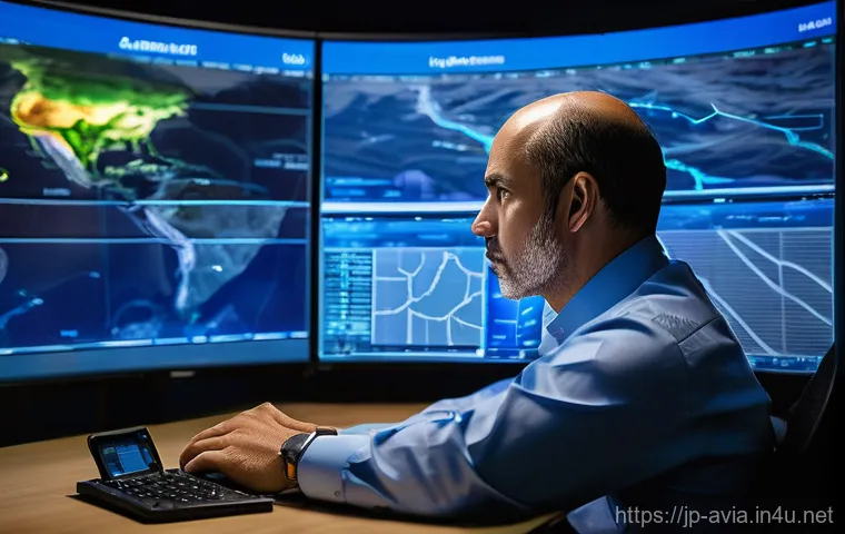 항공운항관리사 실무 기술 - **Prompt:** A focused and dedicated male aviation operations manager in his 40s, dressed in a profes...