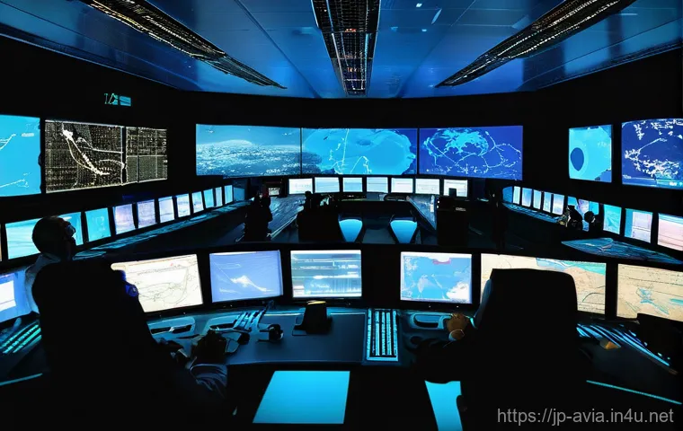 항공운항관리사 성공 스토리 - **Prompt:** A state-of-the-art air traffic control operations center at night, resembling a spaceshi...