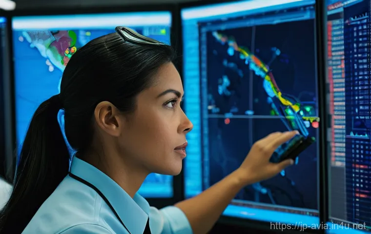 항공운항관리사 성공 스토리 - **Prompt:** A state-of-the-art air traffic control operations center at night, resembling a spaceshi...