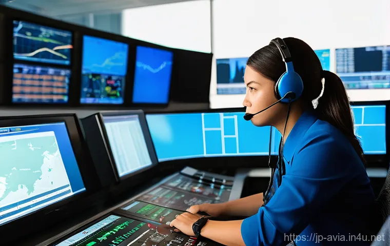 항공운항관리사 성공 스토리 - **Prompt:** A close-up, highly detailed shot of a skilled air traffic controller, a focused woman in...