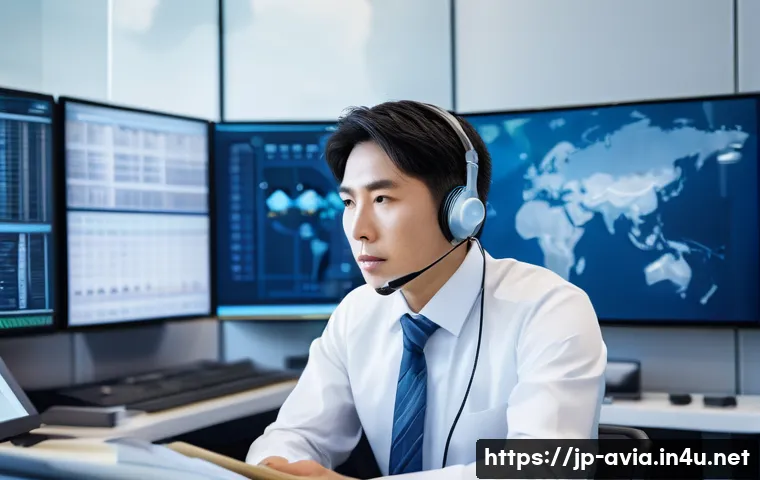 항공운항관리사 취업 성공 사례 - A focused Japanese aviation operations manager in a modern airport control room, wearing professiona...