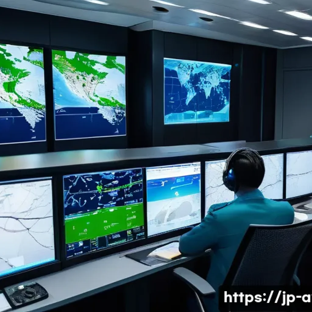 항공운항관리사 항공사 주요 직무 - A modern air traffic control room bustling with activity, featuring a diverse team of Japanese fligh...