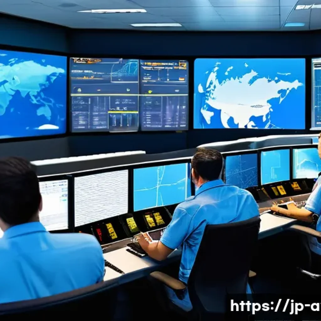 항공운항관리사 신규 항공기 도입 사례 - A modern airline operations control room with diverse crew members including pilots, flight dispatch...