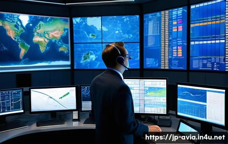 항공운항관리사와 타 직업 비교 - A detailed, realistic scene inside a modern airline operations control center showing an aviation op...