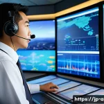 항공운항관리사 자격시험 가이드북 - A focused Japanese aviation operations manager in a modern airport control room, wearing professiona...