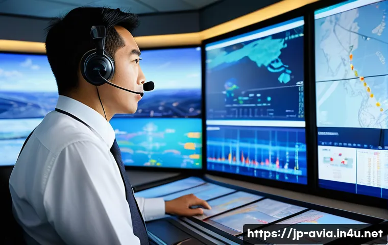항공운항관리사 자격시험 가이드북 - A focused Japanese aviation operations manager in a modern airport control room, wearing professiona...