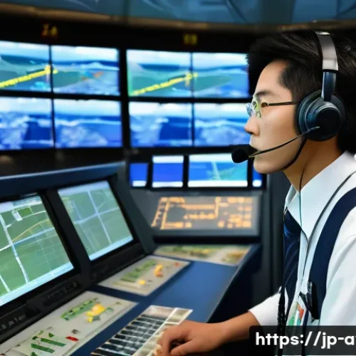 항공운항관리사 시험 실기 난이도 - A focused Japanese air traffic controller in a modern airport control tower, wearing a neat uniform ...