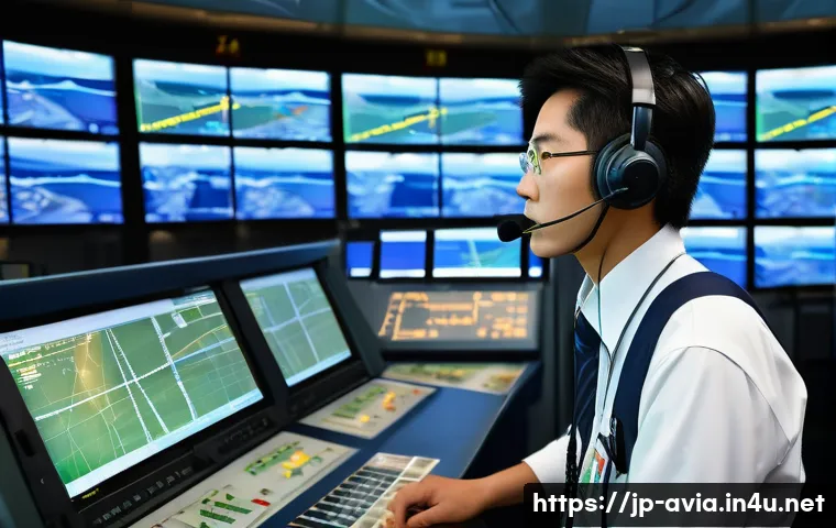 항공운항관리사 시험 실기 난이도 - A focused Japanese air traffic controller in a modern airport control tower, wearing a neat uniform ...