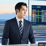 항공운항관리사 연봉 협상 팁 - A professional Japanese airline operations manager in a modern office setting, dressed in smart busi...