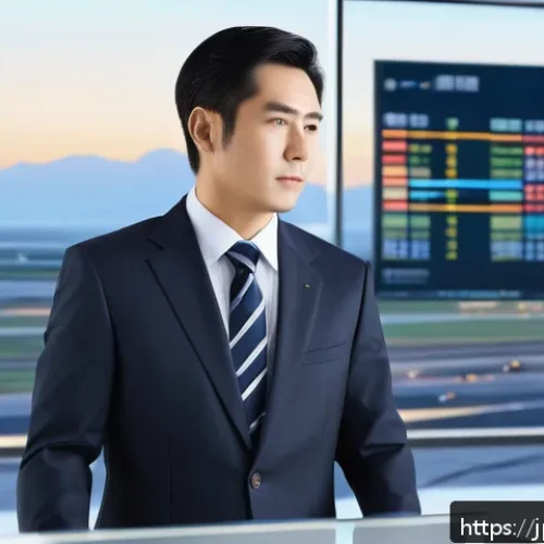 항공운항관리사 연봉 협상 팁 - A professional Japanese airline operations manager in a modern office setting, dressed in smart busi...