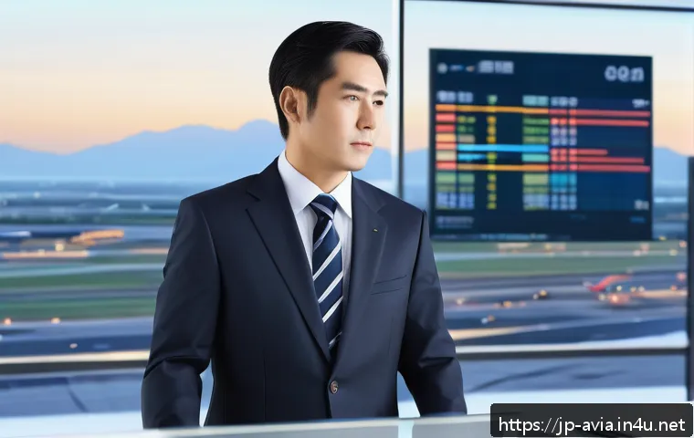 항공운항관리사 연봉 협상 팁 - A professional Japanese airline operations manager in a modern office setting, dressed in smart busi...