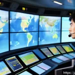 항공운항관리사 실무 팁 - A professional Japanese air traffic controller calmly managing an emergency situation in a modern co...