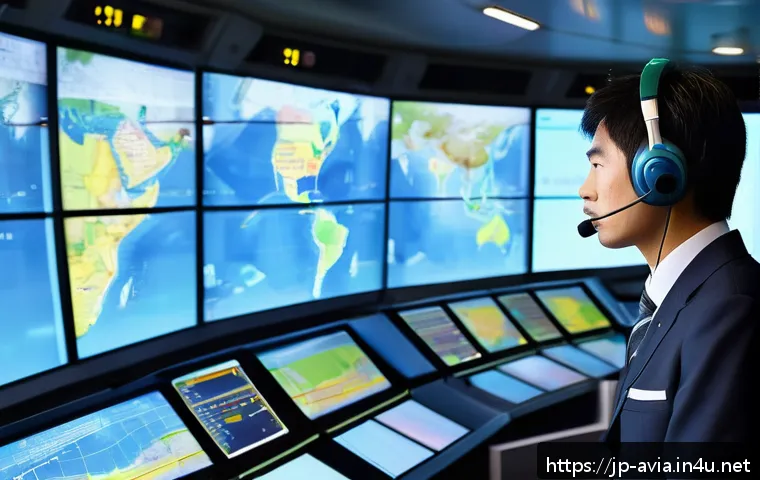 항공운항관리사 실무 팁 - A professional Japanese air traffic controller calmly managing an emergency situation in a modern co...