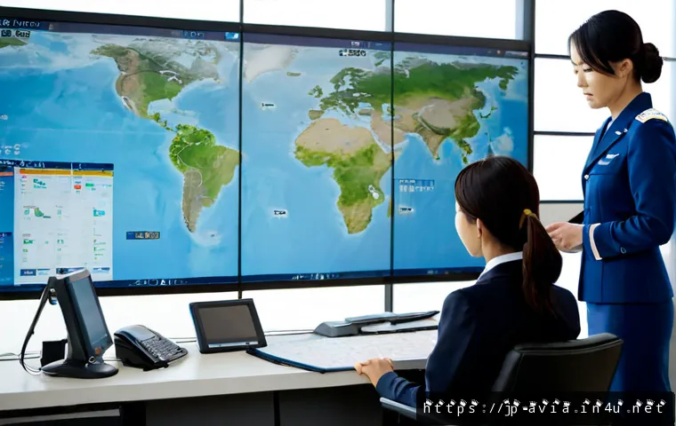 항공운항관리사와 항공사 규정 - Photorealistic airline operations control center in Japan, a focused flight dispatcher in profession...